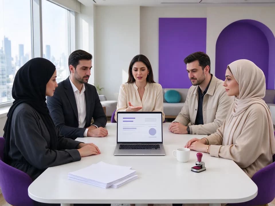 فاکتور، لپ‌تاپ و گروهی از همکاران در یک دفتر کار روشن