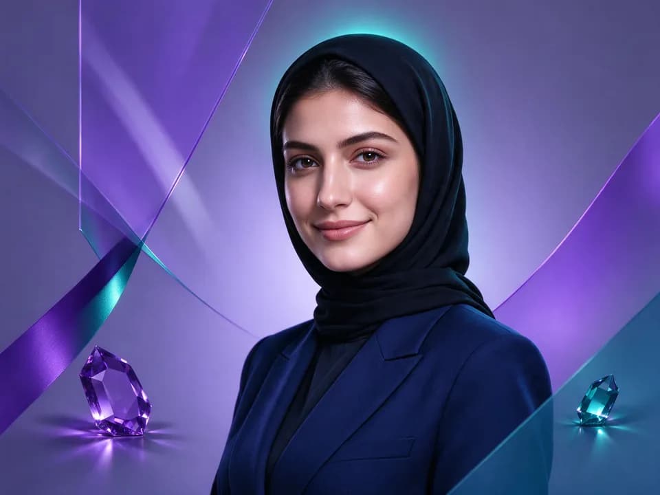 پرتره حرفه‌ای یک زن جوان با لباس رسمی در پس‌زمینهٔ استودیو