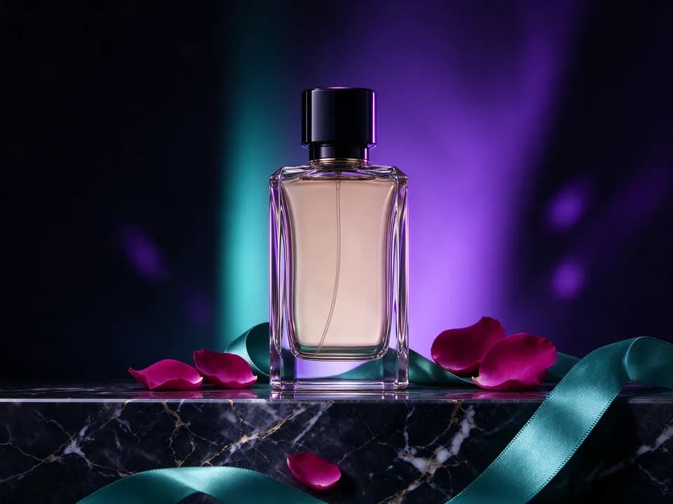 بطری عطر روی میز مرمری با نور گرم استودیو، نمونهٔ عکس تبلیغاتی محصول