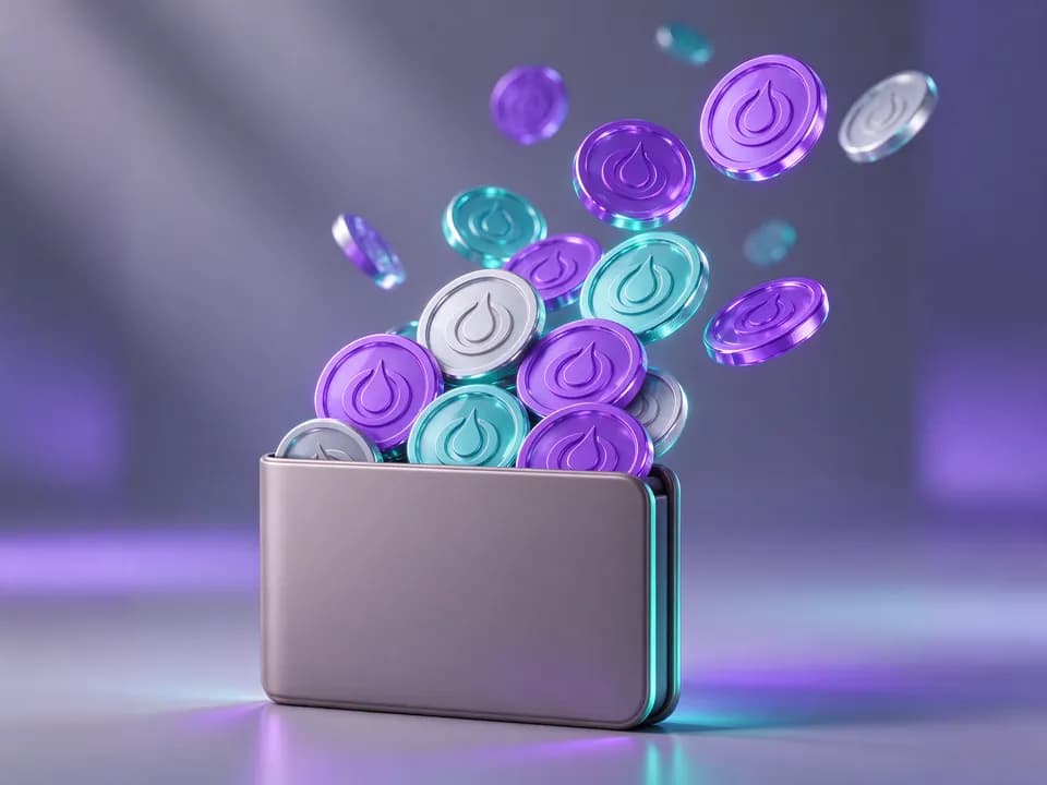 کیف پول دیجیتال با سکه‌های بنفش و فیروزه‌ای
