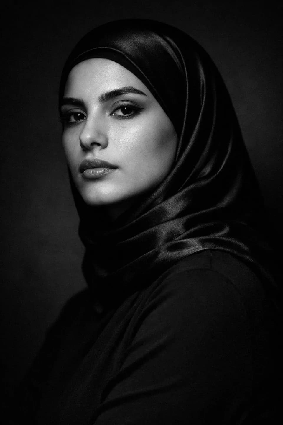 پرتره سیاه و سفید زن با روسری ابریشمی مشکی