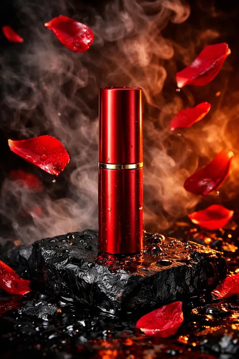 رژ لب قرمز روی سنگ خیس با گلبرگ