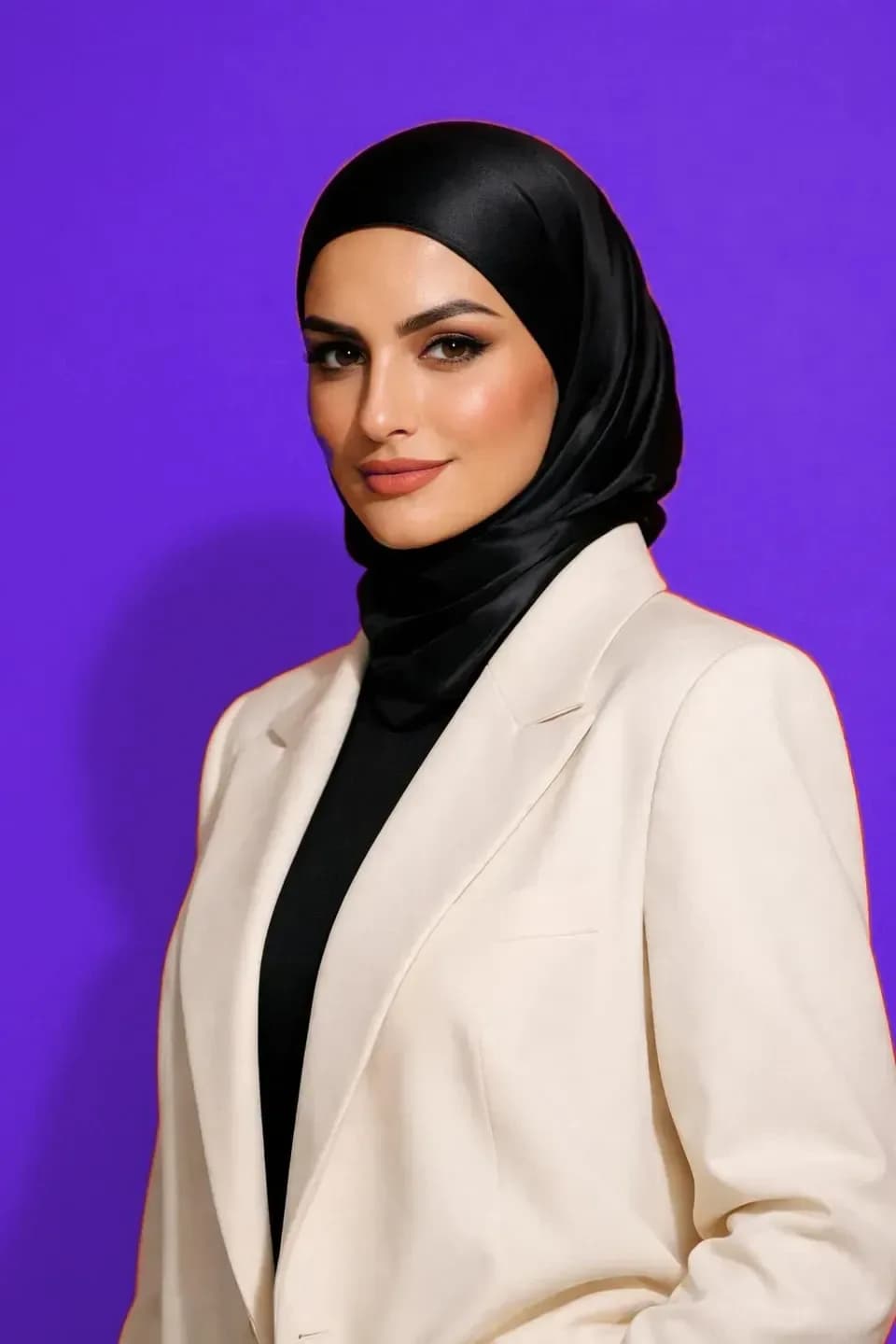 پرتره فشن زن با روسری مشکی و کت سفید