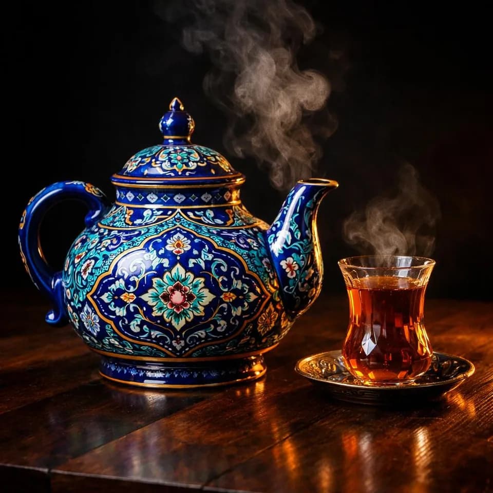 قوری سرامیکی ایرانی با استکان چای و بخار