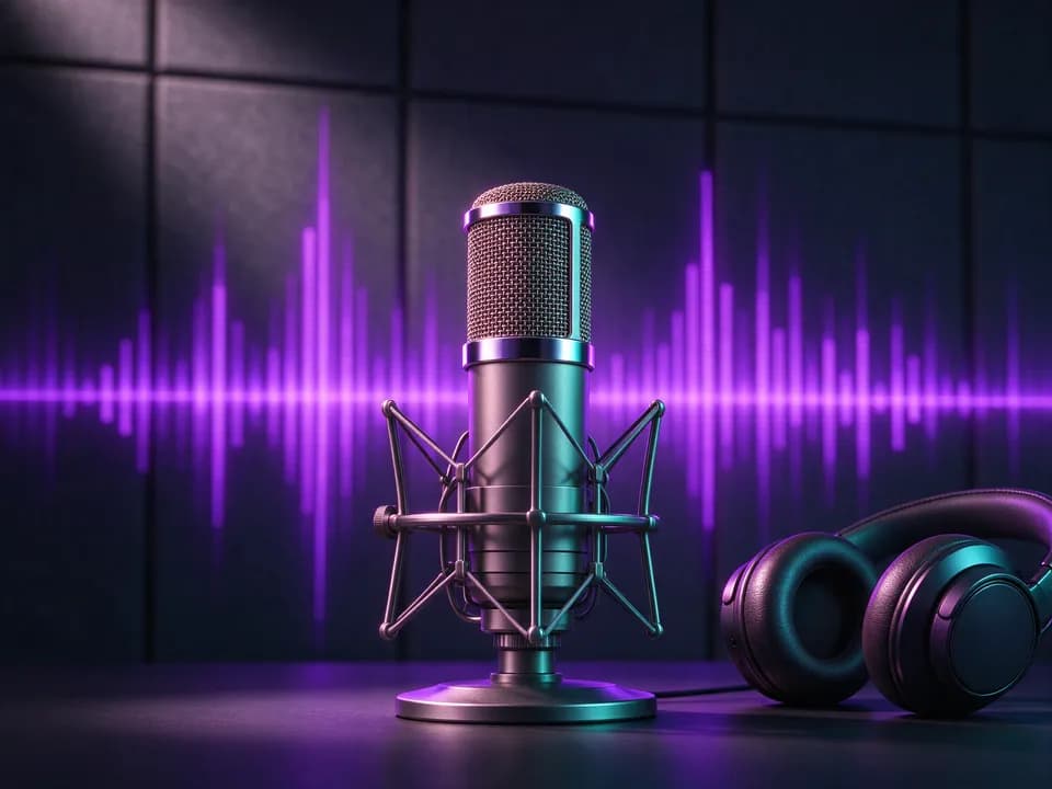 میکروفون استودیویی با موج صوتی بنفش و هدفون