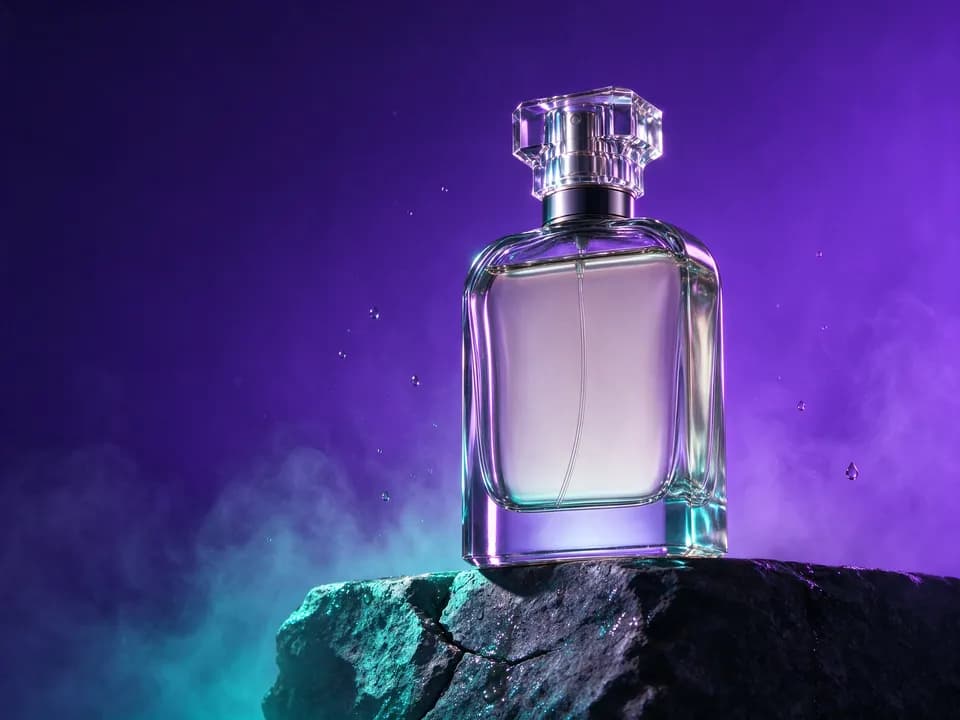 بطری عطر روی سکوی سنگی در صحنهٔ دراماتیک با نور رنگی