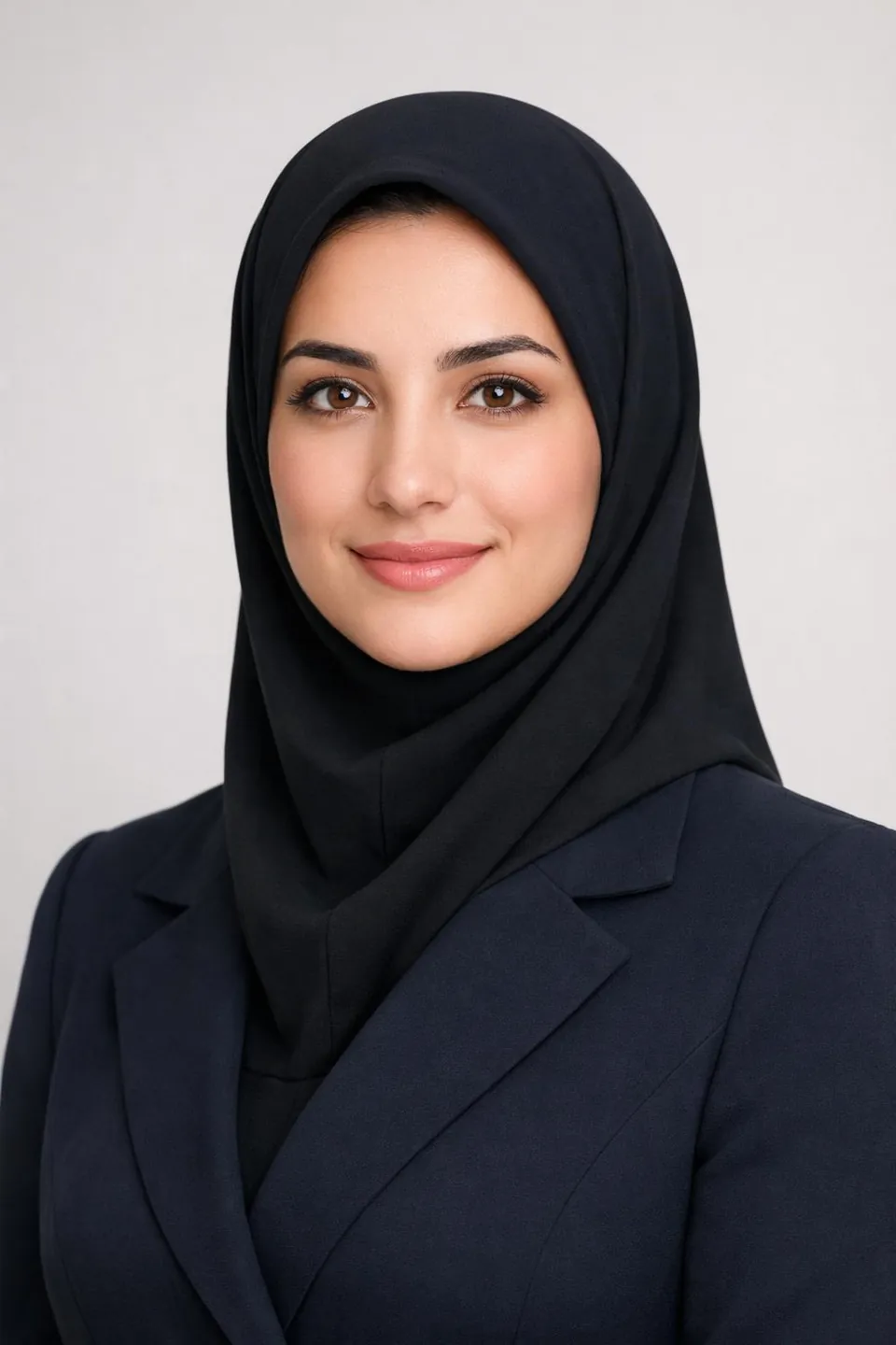 عکس پرسنلی رسمی یک زن با پوشش سر روی زمینهٔ ساده برای رزومه